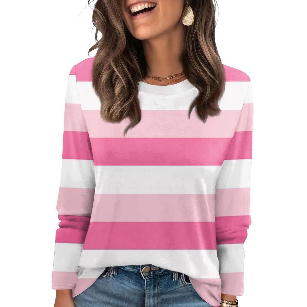 Ladies' Striped Printed Fashionable Casual Round Neck Long Sleeved Round Neck Top