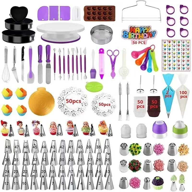 380-Piece Cake Decorating Kit With Rotating Turntable Stainless Steel Tips TPU Piping Bags Baking Pan Set