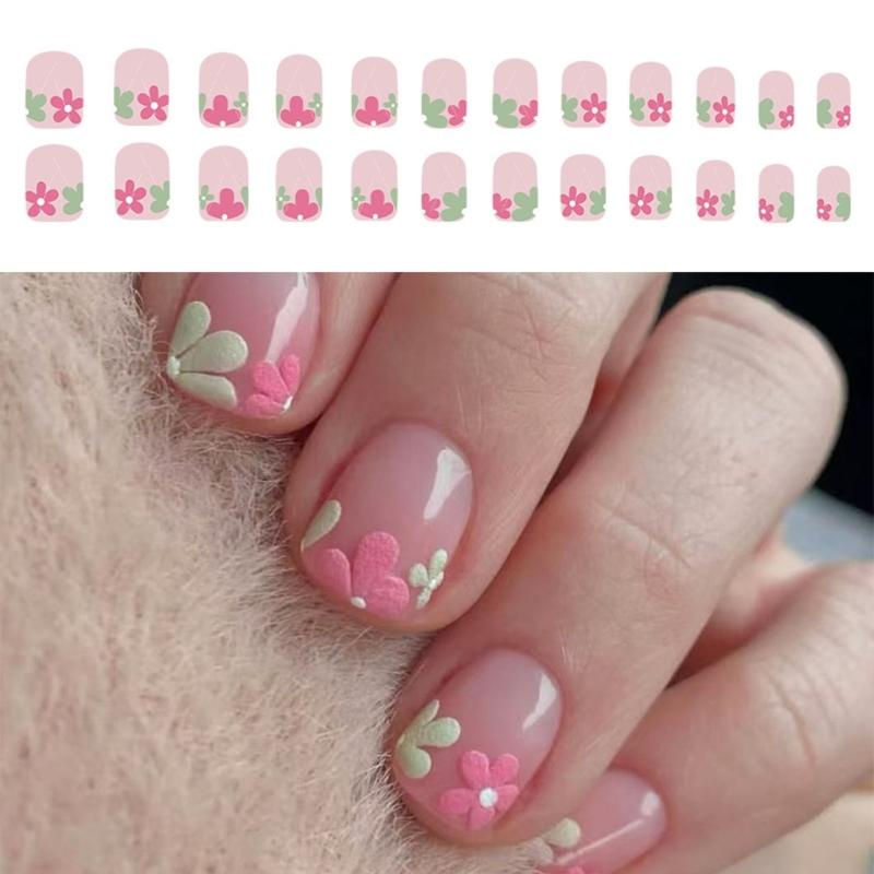 Unghii pătrate presate cu flori, unghii false adezive în 12 mărimi, 24 buc. tipsuri unghii french pentru decorațiuni nail art DIY