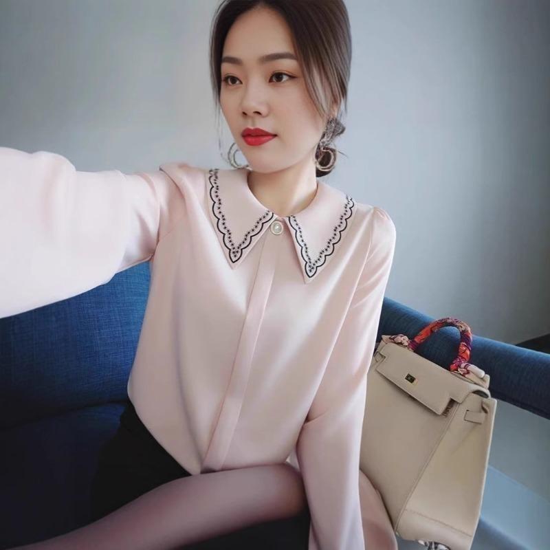 Women's Beige Peter Pan Collar Blouse Embroidered Detail Long Sleeve Elegant Casual Office Top For Daily Wear