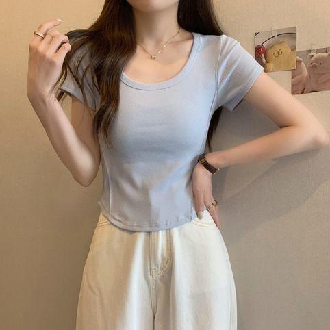 Design sense, line decoration, scheming U-neck short-sleeved T-shirt, women's summer new slim-fitting and thin bottoming shirt