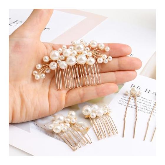 Pearl Hair Pins and Combs Set - Bridal Wedding Hair Accessories for Formal Events, Photography, and Everyday Wear (Gold, 5 Pieces)