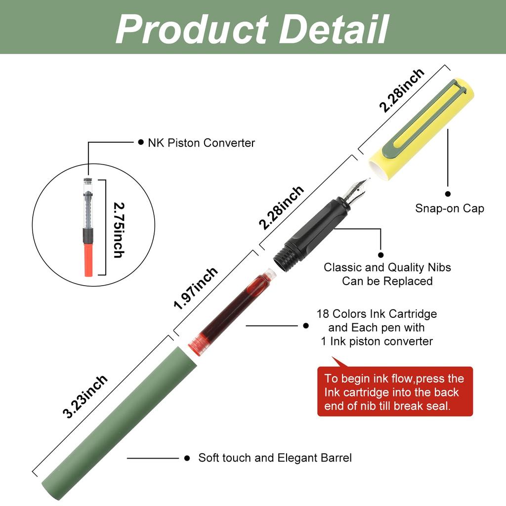 Mancola A Color Contrast Design Fountain Pen Set That Includes 1 Fountain 3 Different Types of and 18 Ink Cartridges Colors In Pen, Nibs, (13 Total)