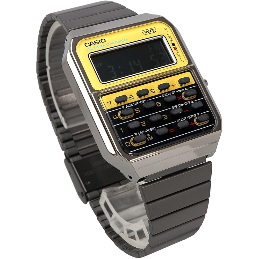 Casio Vintage Series Digital Watch 8-Digit Calculator Gunmetal Yellow Unisex Metal Band