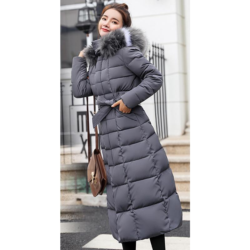 Wintertime Lace-up Long-length Cotton Coat for Women Korean Style Over-the-knee Thickened Hooded Solid Color Large Fur Collar Down Cotton Coat