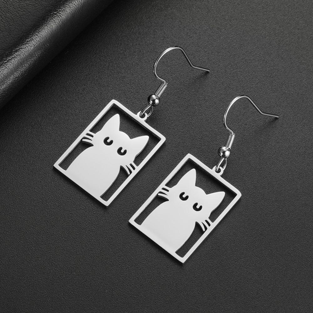 My Shape Cute Cat Earrings for Women Girls Stainless Steel Rectangle Shaped Cat Kitten Earrings Animal Fashion Jewelry Gifts