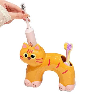 Bathroom Toothbrush Holder Ceramic Material Cute Cat Design No Drilling Household Toothbrush Toothpaste Storage Rack