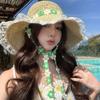 With Garland Big Brimmed Straw Hat Breathable Woven Sun Cap Elegant Vacation Beach Cap  Women
