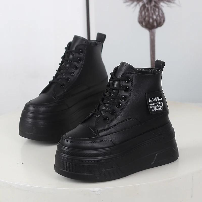 Fashion 12CM Genuine Leather Women Casual White Platform Wedge Skateboard Hidden Heel Shoes Shoes Vulcanize plush Chunky Sneakers