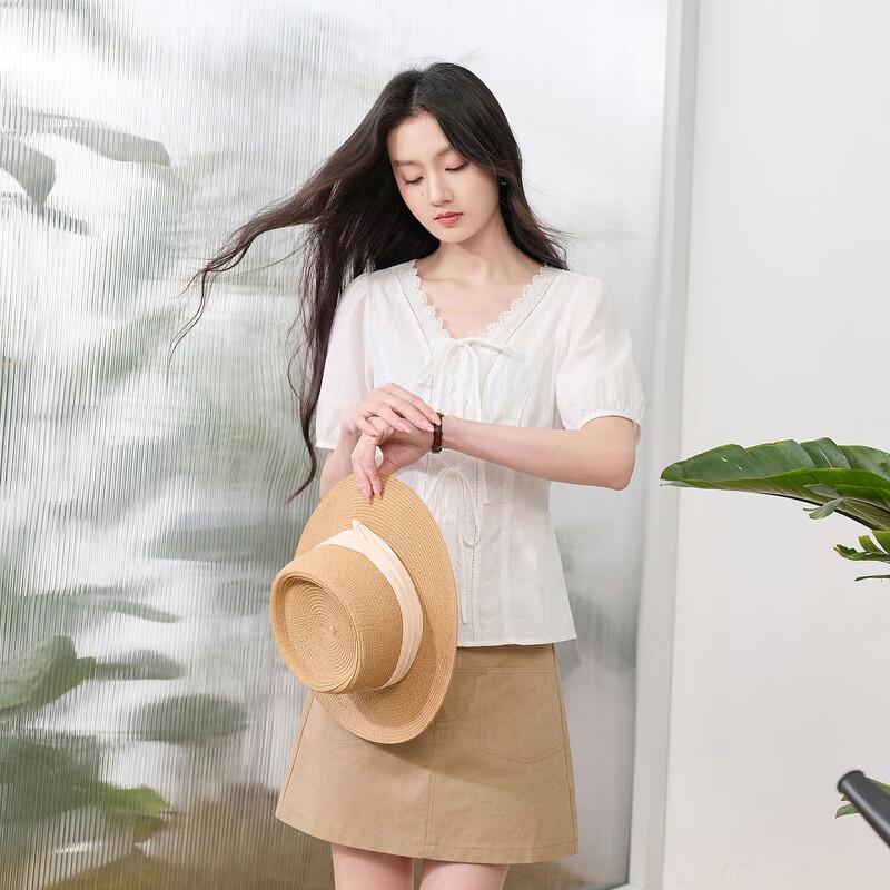 Sancai 2026 Summer Lace V-Neck Short Sleeve White Blouse