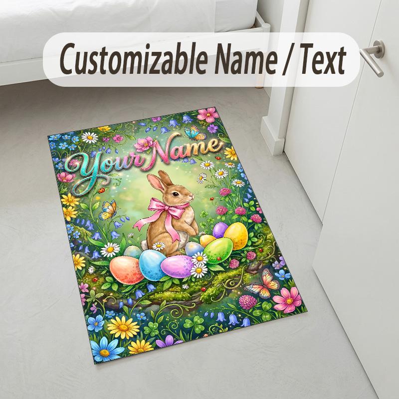 Easter Bunny Theme Crystal Velvet Rug Personalized Custom Name Text Soft Floor Mat Home Decor