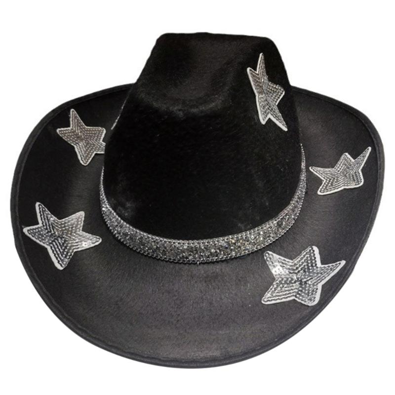 Thick Windproof Cowboy Hat with Sequins Star Pattern Rolled Brim Felt Cowboy Hat