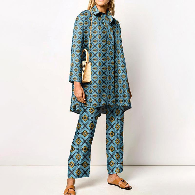 Grünes geometrisches Print Damenhemd und Wide Leg Hosen Kombinationsset