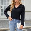 Women's Fashionable Solid Color Lapel Long Sleeved Casual Pullover T-shirt Top