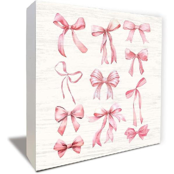Pink Bow Coquette Wooden Box Sign, Coquette Room Decor, Dorm Room Essentials for Girls, Girly Ribbon Bow for Girls Room Dorm College Bedroom Desk