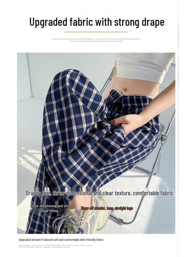 Women's Blue Plaid High-Waist Wide-Leg Summer Pants: New 2026 Fashion, Casual, Floor-Length Drape Design.