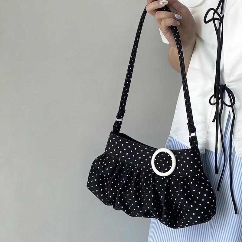 Korean Style Polka Dot Crossbody Bag For Women Large Capacity Ruched Hobo Bag With Wooden Button Decor Casual Soft Shoulder Bag