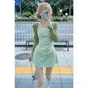 Women's Petite Green Floral Spaghetti Strap Mini Dress, Spring 2026 French Style, Elegant Waist-Cinched Short Skirt Set