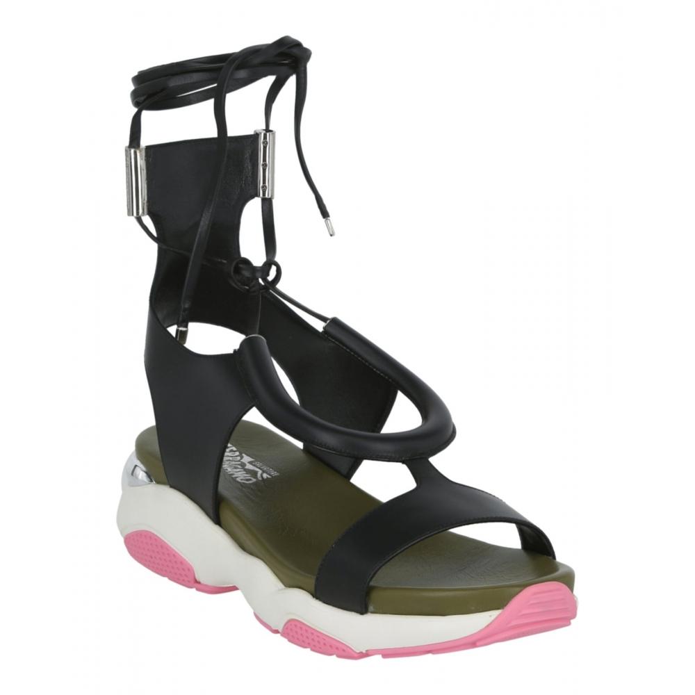 Salvatore Ferragamo Lace Up Flat Sandals Black