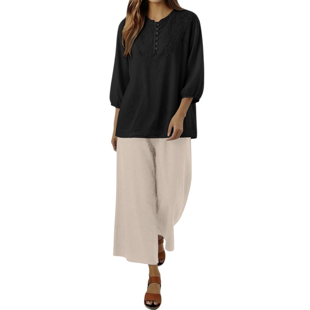 Women Embroidered Lace Loose Fit Three Quarter Sleeve Top and Wide Leg Pants Two Piece Set Casual Outfit Suit