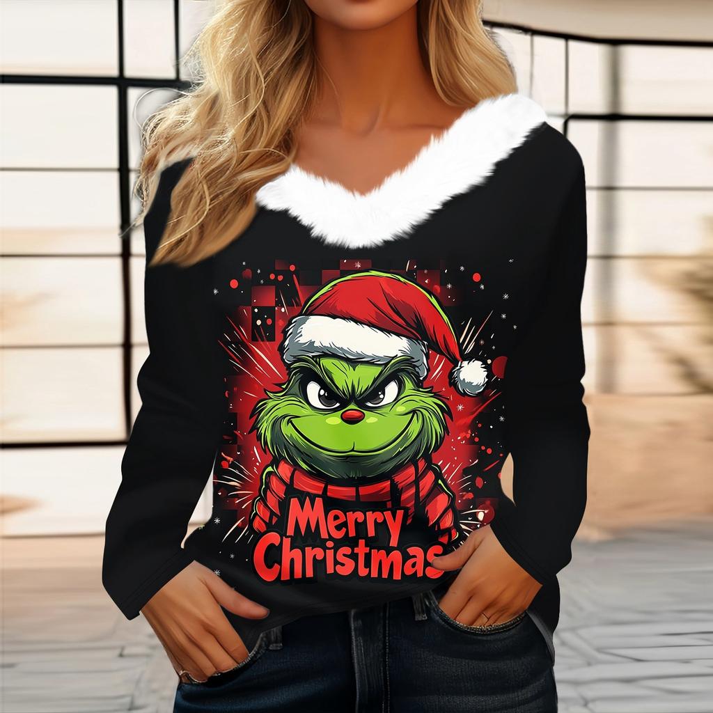 Damen Weihnachtsbedrucktes Langarmshirt V-Ausschnitt Lässig Locker Geschnitten T-Shirt Oberteile