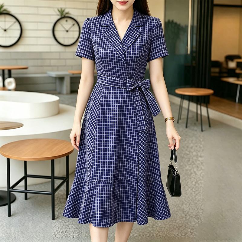 ZANZEA Women Plaid Print Commut Casual Turn Down Collar Short Sleeve Dress S темно-синий
