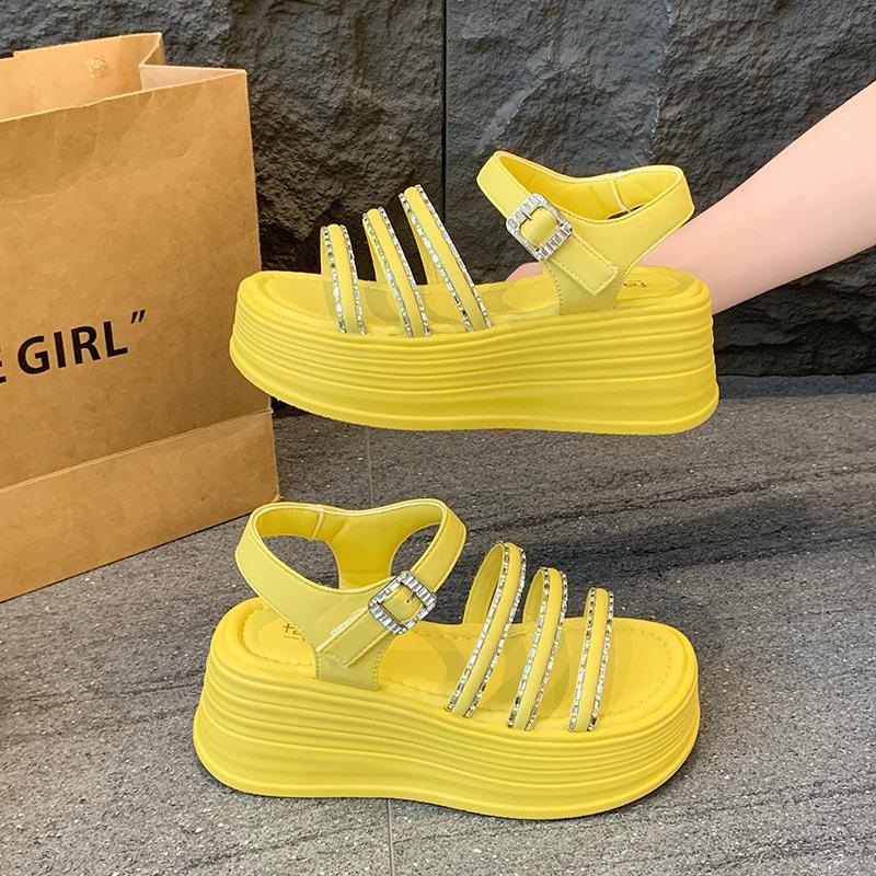 Spring and Summer New Thick-soled Heightening Sandals Women's Small High Heels with Skirts French Rhinestone Open-toed Beach Shoes