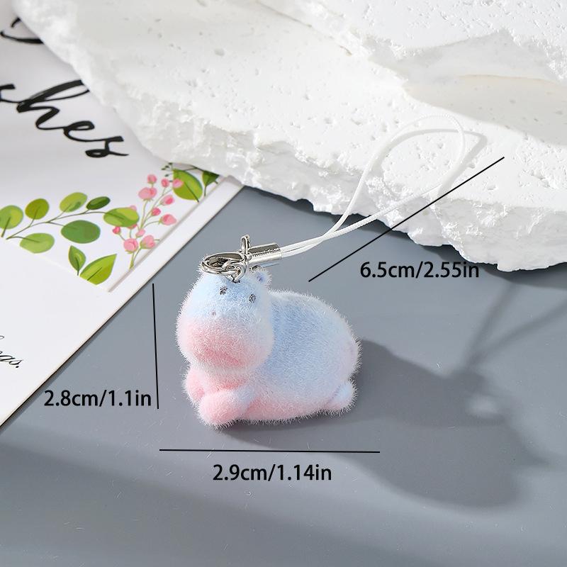 Fun Cartoon Flocking Animal Keychains Phone Lanyard Resin Cute Hexagonal Hedgehog Hippos Bag Earphone Case Pendant Girls Gift