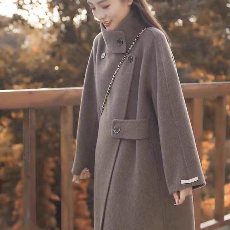 2025 Autumn/Winter Women's Hepburn-Style Stand-Collar Wool Cashmere Overcoat