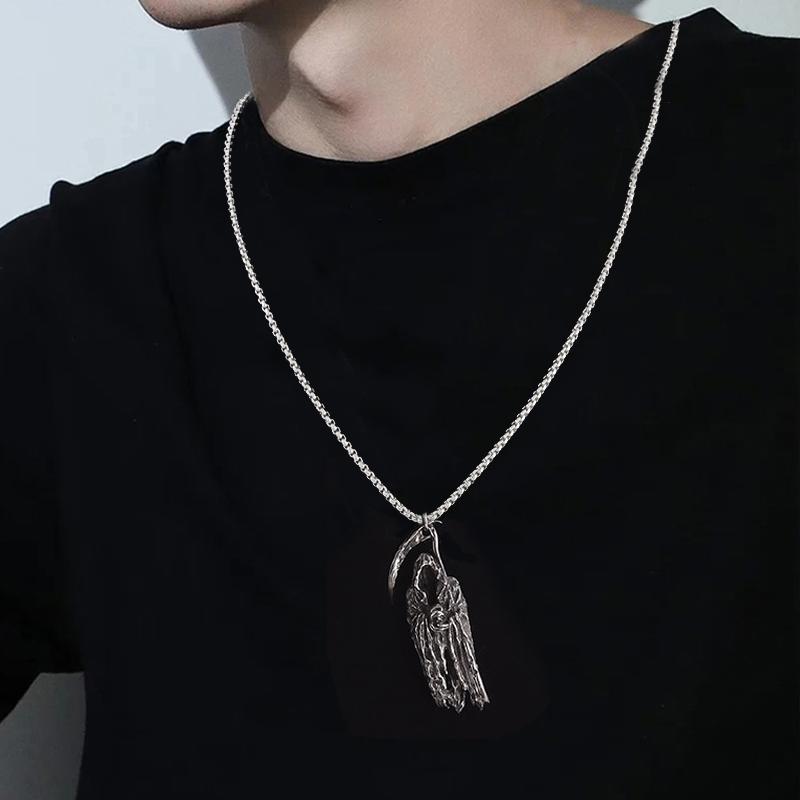 Retro Cloaked Grim Reaper with Sickle Pendant Necklace For Men Hip Hop Punk Copper Color Stainless Steel Neck Chain Jewelry Gift