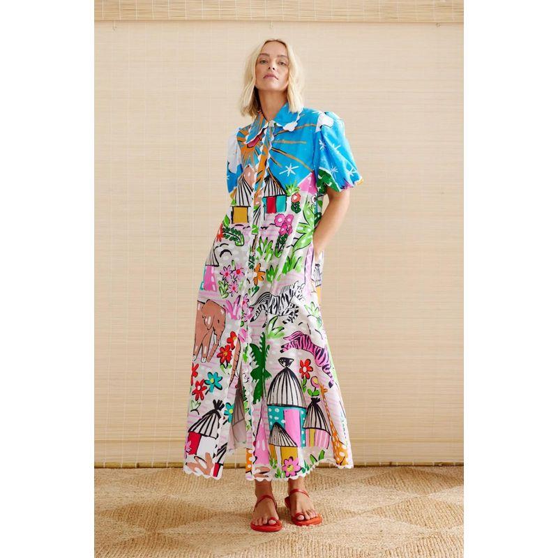 

Beach European and American Personality Print Blouse Collar Cardigan Dress Printed Shirt Cardigan Dress Flower color XXL