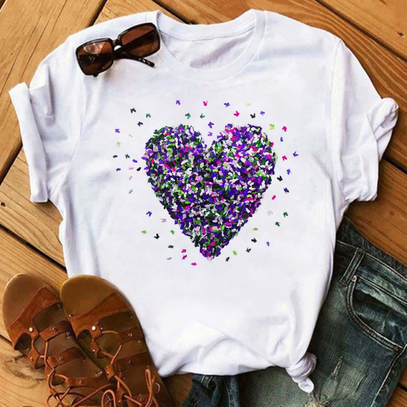 Women T Shirt Aesthetic Butterfly Love Heart Graphic Print Female Tshirt Clothing Summer Fashion Short Sleeve Kawaii T-Shirt