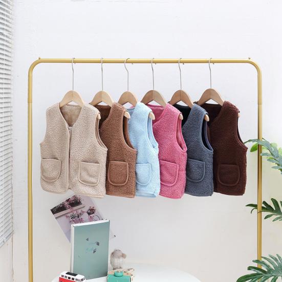 Barn Fleece Vest Ermløs Jakke Ensfarget V-hals Glidelåsvest med Lommer Varm Vinter Plysjvest for Gutter Jenter
