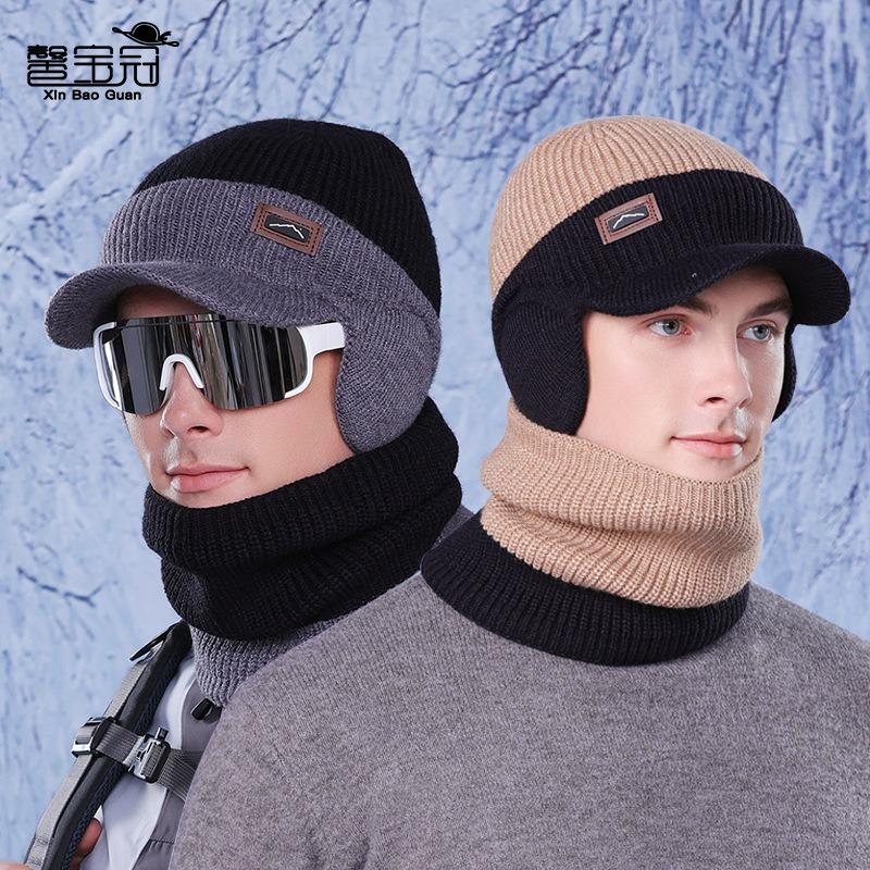 Winter hat, scarf set, outdoor velvet and cold-proof knitted wool hat, men's cycling warm ear protection pullover hat