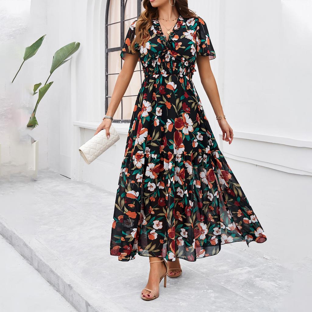 Women's Spring and Summer Temperament Casual Printed Waist-hugging Dress