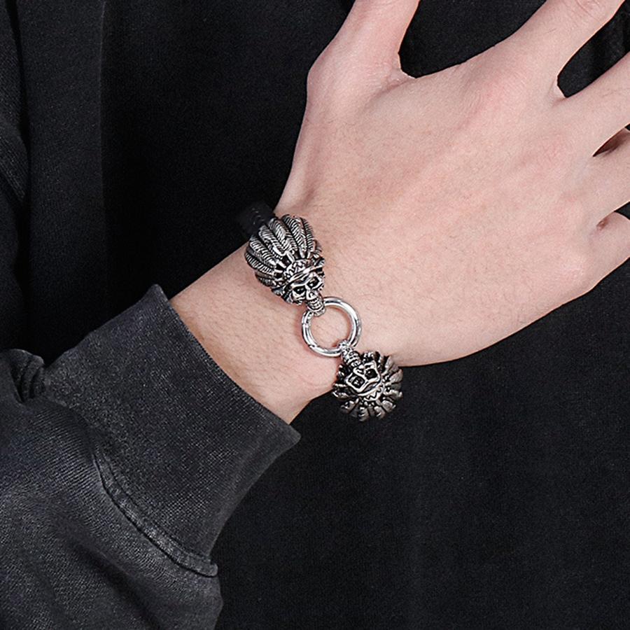 Gothic Punk Style Double Skull Head Bracelet for Men Retro Stainless Steel & Braided Leather Men's Wrap Bracelets Jewelry Accessory