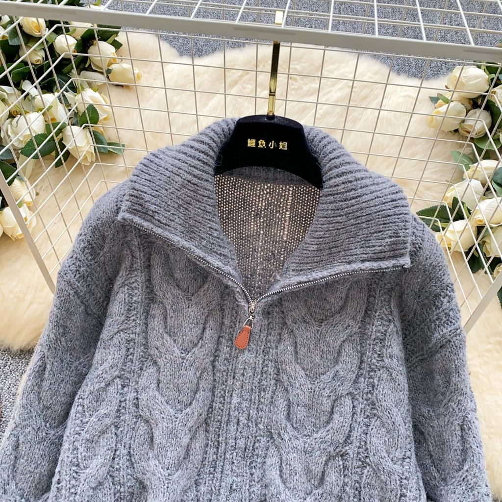 Autumn Winter Women Casual Turtleneck Zipper Twist Knitted Sweater Cardigans Tops Jacket Coat