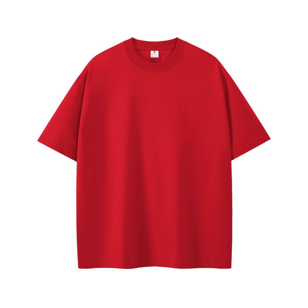 Men's Oversized Round Neck Logo T-Shirt - Solid Color, Drop Shoulder, Pure Cotton, European Size 200g