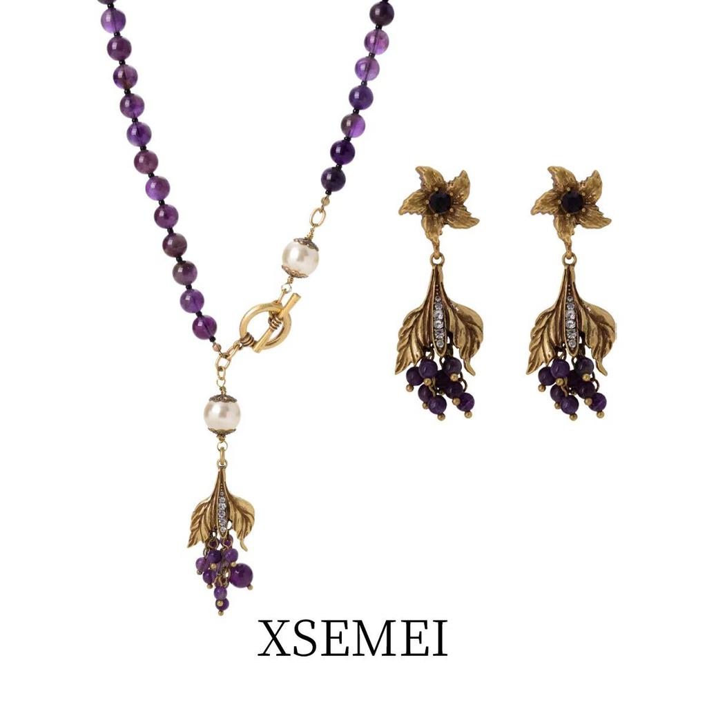 Vintage Purple Crystal Necklace & Earrings Set