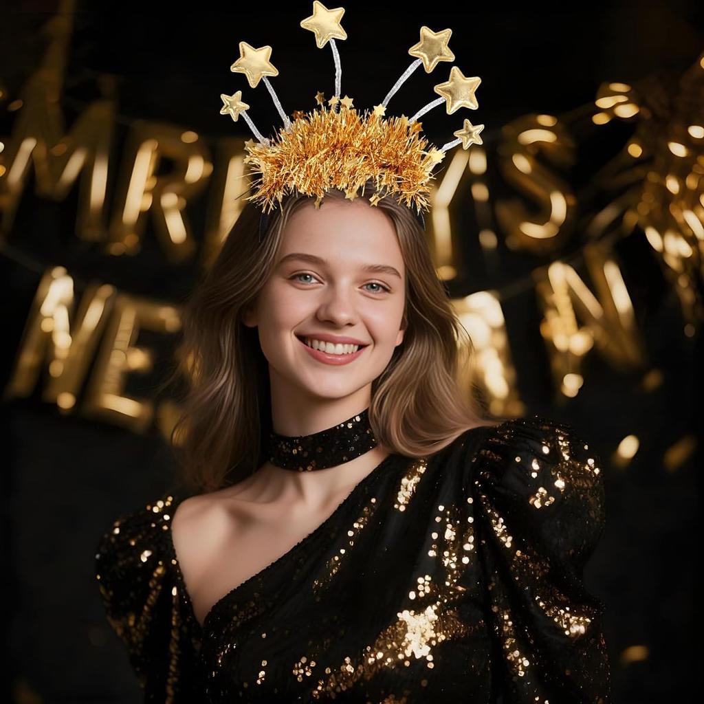 New Years Headband - Gold Star Headband for Women Birthday Holiday Christma News Year's Eve Party Decorations