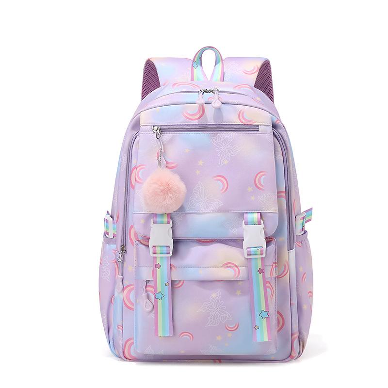 Kawaii Farbverlauf Sternenmuster Rucksack für Mädchen Schultasche mit Plüsch-Bommel Teenager Schüler Lässiger Tagesrucksack Reise Rucksack