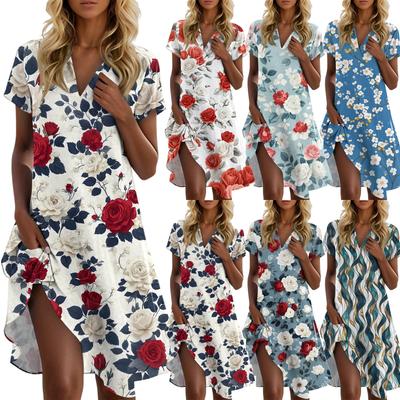 Robe Décontractée Mode Femme à Revers Imprimé Floral Manches Courtes Col V Jupe Courte