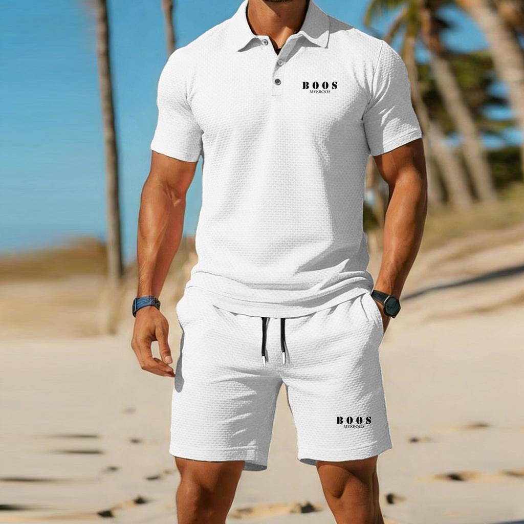 Pánský 2dílný set v business stylu - Košile s krátkým rukávem a šortky, Kompletní outfit, Letní móda, Ležérní, Sportovní a Golfové oblečení
