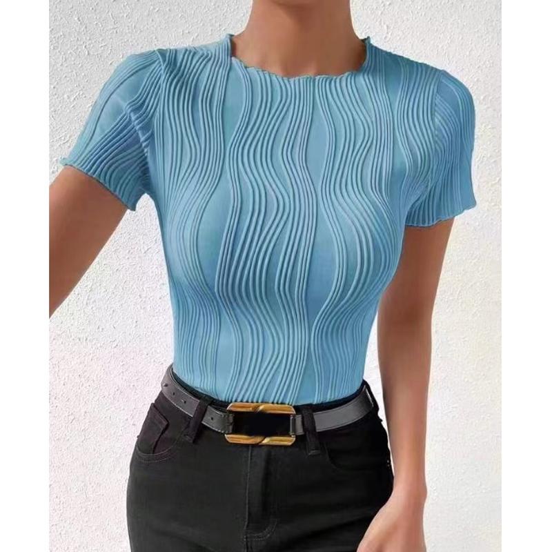 Summer Fashion Round Neck Short Sleeve Women Office Blouse New Solid Color Stripes Wavy Elegant Simple Shirt Casual Ladies Top Women's Clothing