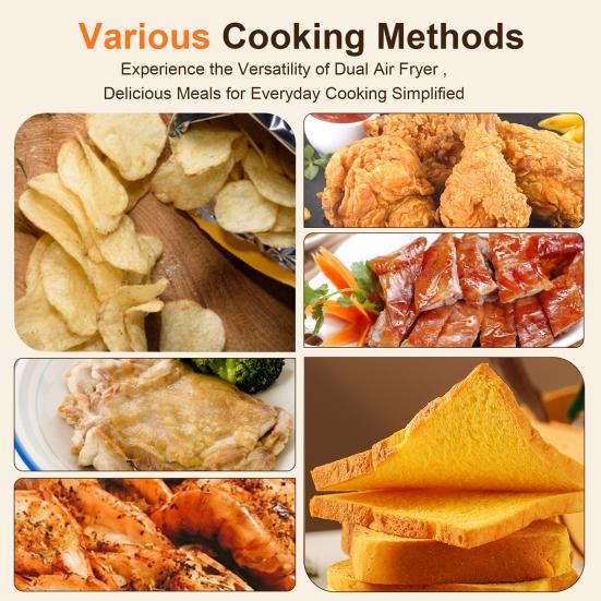 Friteuses à air chaud double zone avec fenêtre de visualisation Capacité 9L Double friteuse à air 2 tiroirs Écran tactile Fonction minuteur intelligent (EU Plug)