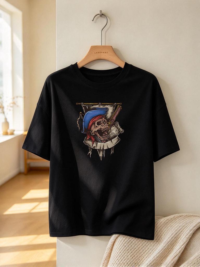Pirate Skull Print Summer Casual Short Sleeve Loose Fashion Tee