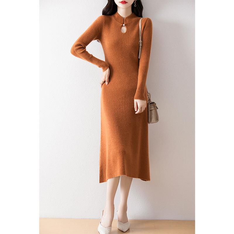 New Slim Wool Knit Cheongsam Collar Dress: Women s Autumn/Winter Slimming Chinese Style with Cashmere Inner Layer XL