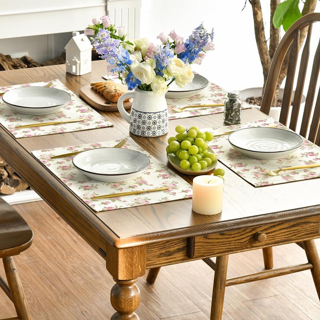 Floral Rose Spring Placemats Set of 4, 12x18 Inch Seasonal Summer Holiday Pastoral Table Mats for Party Kitchen Dining Decoration