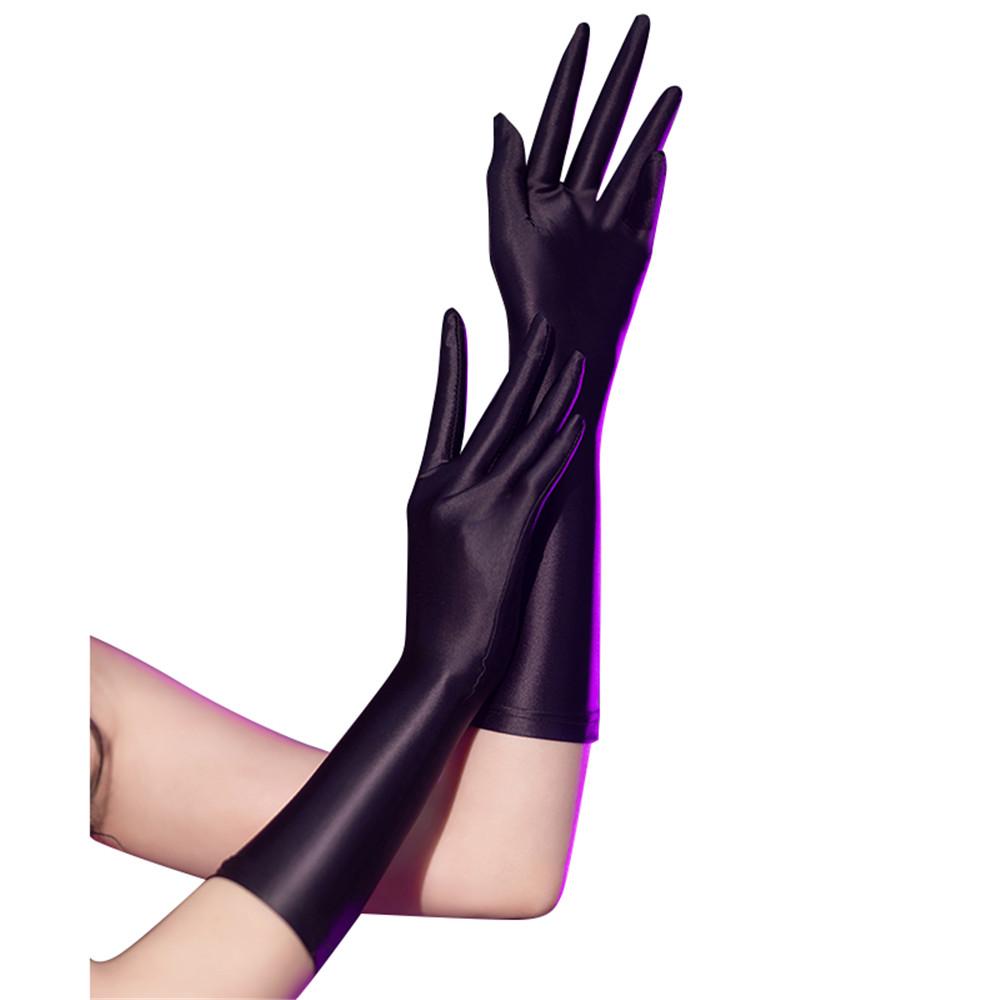 Sexy Women Stain Smooth Long Sleeve Cosplay Maid Glove Elastic Oil Glossy Shiny Sunscreen Driving Glove Home Game Wear
