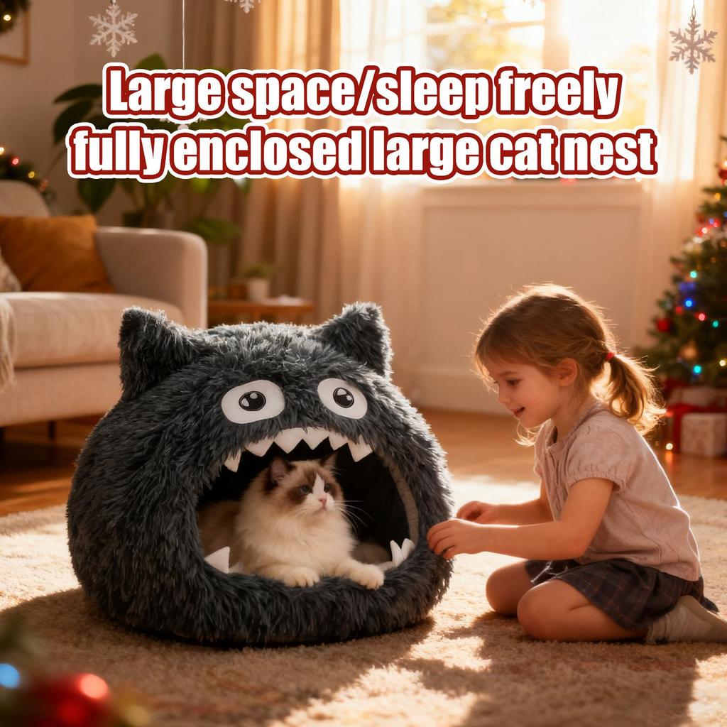 Cat Bed Cave Cute Warm Mouth Open House Washable Cat Hideaway House with Washable Cushion for Kitten Small Pet Indoor Outdoor